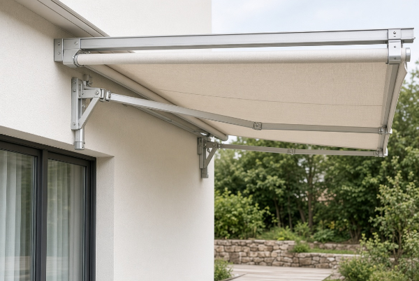 Retractable outdoor awning over a garden patio