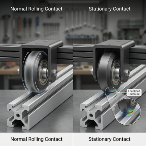 Side-by-side comparison of normal rolling contact and stationary contact on V-wheels with localized pressure zone